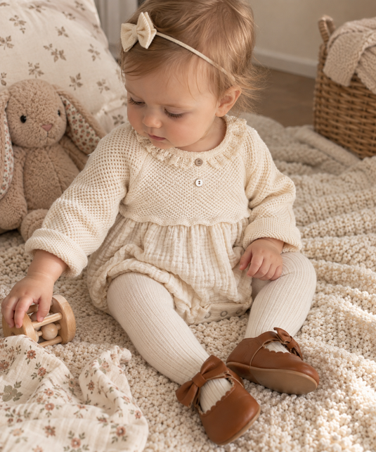Baby girl ivory cotton and knit romper – Autumn-Winter