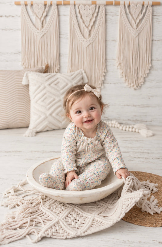 Organic cotton romper with small flowers, khaki and lilac