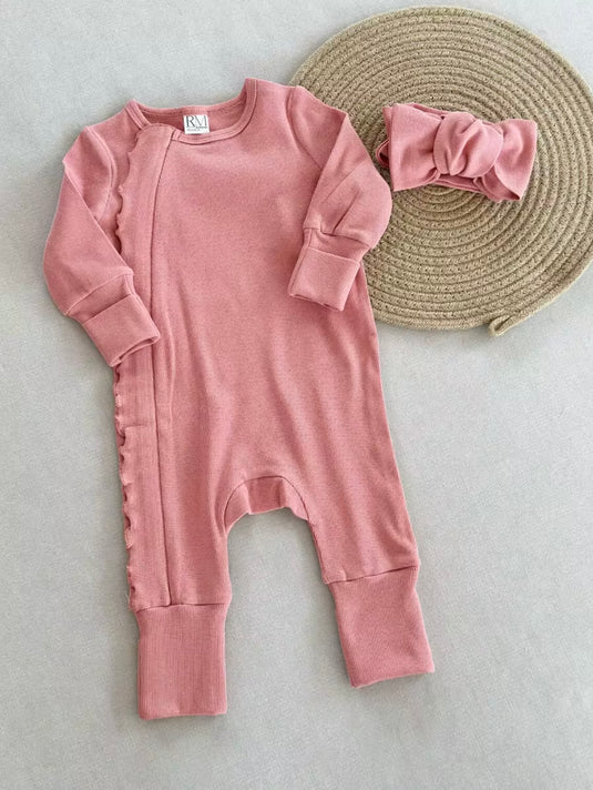 Combinaison bébé fille manches longues en coton doux avec bandeau – Kali