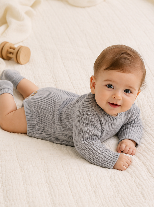 Barboteuse bébé garçon automne-hiver en tricot bio – Kaki lilas