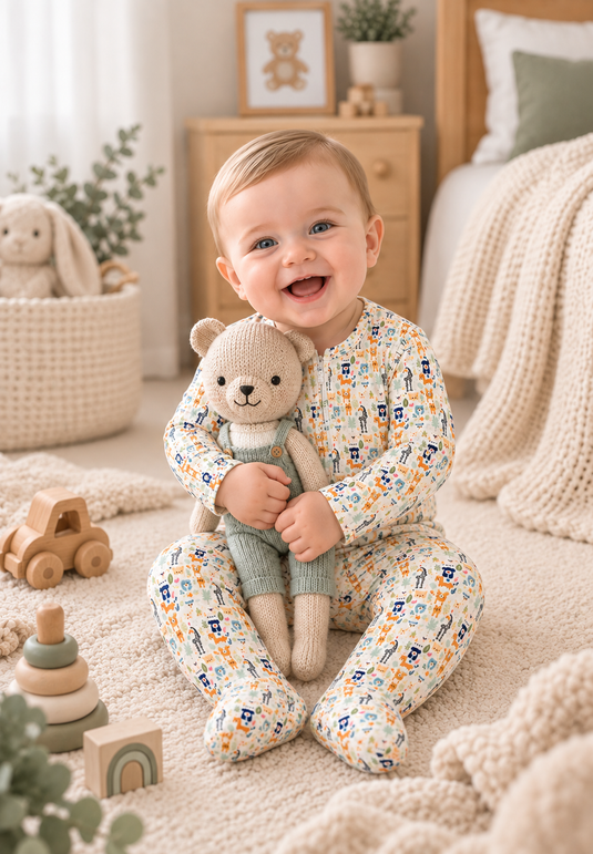 Organic Cotton Baby Boy Romper with Fun Animal Print – Khaki Lilac