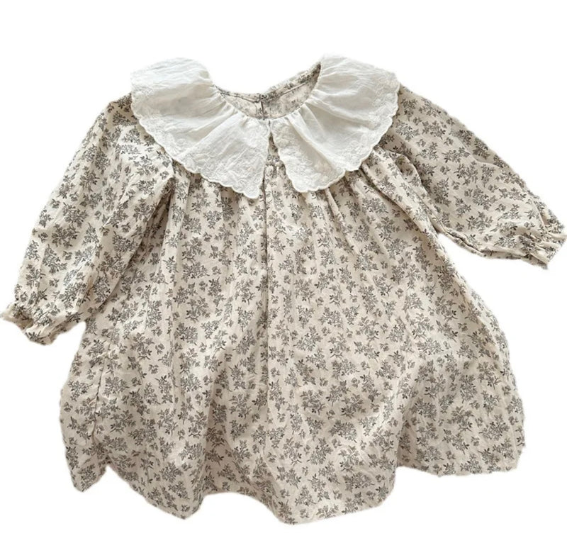 Chargez l&#39;image dans la visionneuse de la galerie, Robe bébé fille à fleurs beiges et bleues – Modèle Kali en coton doux
