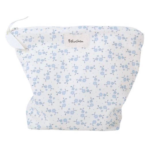 Sac à cosmétiques fait mains format moyen fleurs bleues