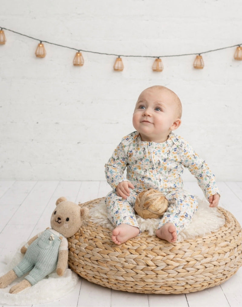 Chargez l'image dans la visionneuse de la galerie, Barboteuse bébé coton bio motif animaux amusants – Kaki Lilas
