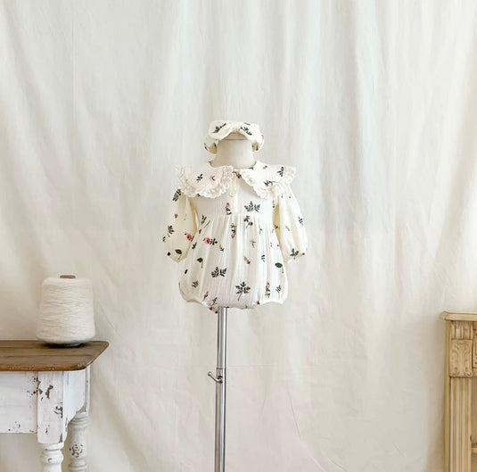 Barboteuse bébé fleurie rosée + bandeau – Kali – Coton doux