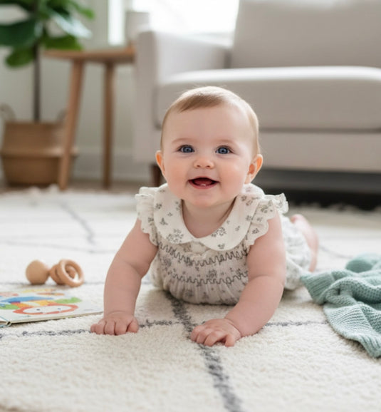 Barboteuse bébé fille fleurie en coton nid d’abeille