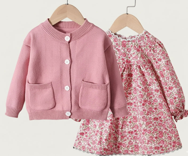 Chargez l'image dans la visionneuse de la galerie, Ensemble deux pièces robe florale bébé fille avec cardigan doux– Kaki lilas
