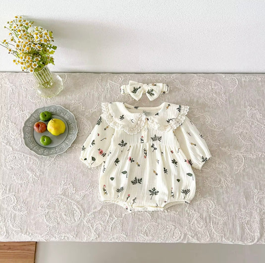 Barboteuse bébé fleurie rosée + bandeau – Kali – Coton doux