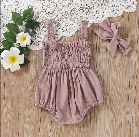Barboteuse bébé avec nid d’abeille + bandeau assorti – Kali – Coton doux
