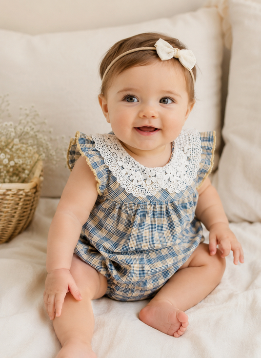 Soft cotton checked baby girl romper