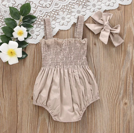 Barboteuse bébé avec nid d’abeille + bandeau assorti – Kali – Coton doux