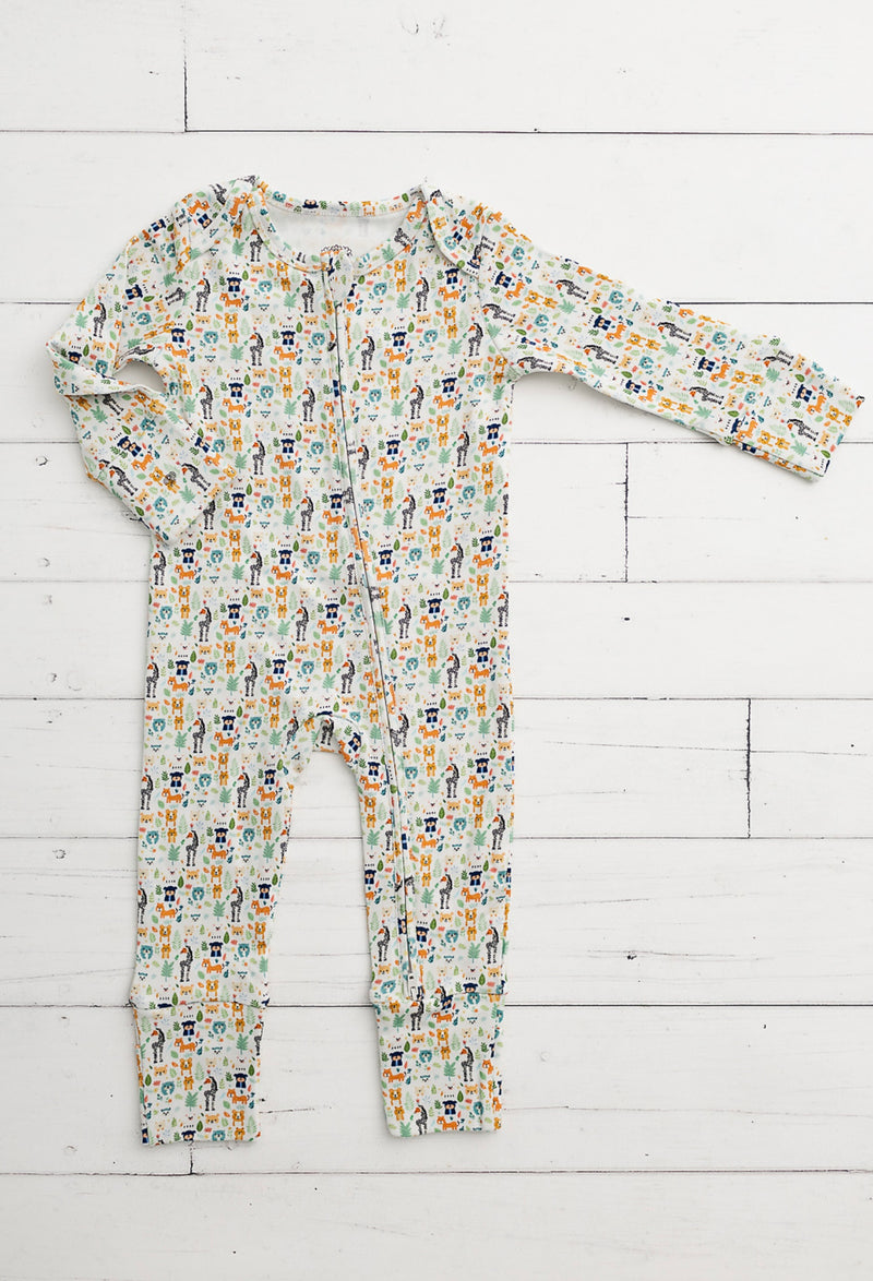 Chargez l'image dans la visionneuse de la galerie, Barboteuse bébé coton bio motif animaux amusants – Kaki Lilas
