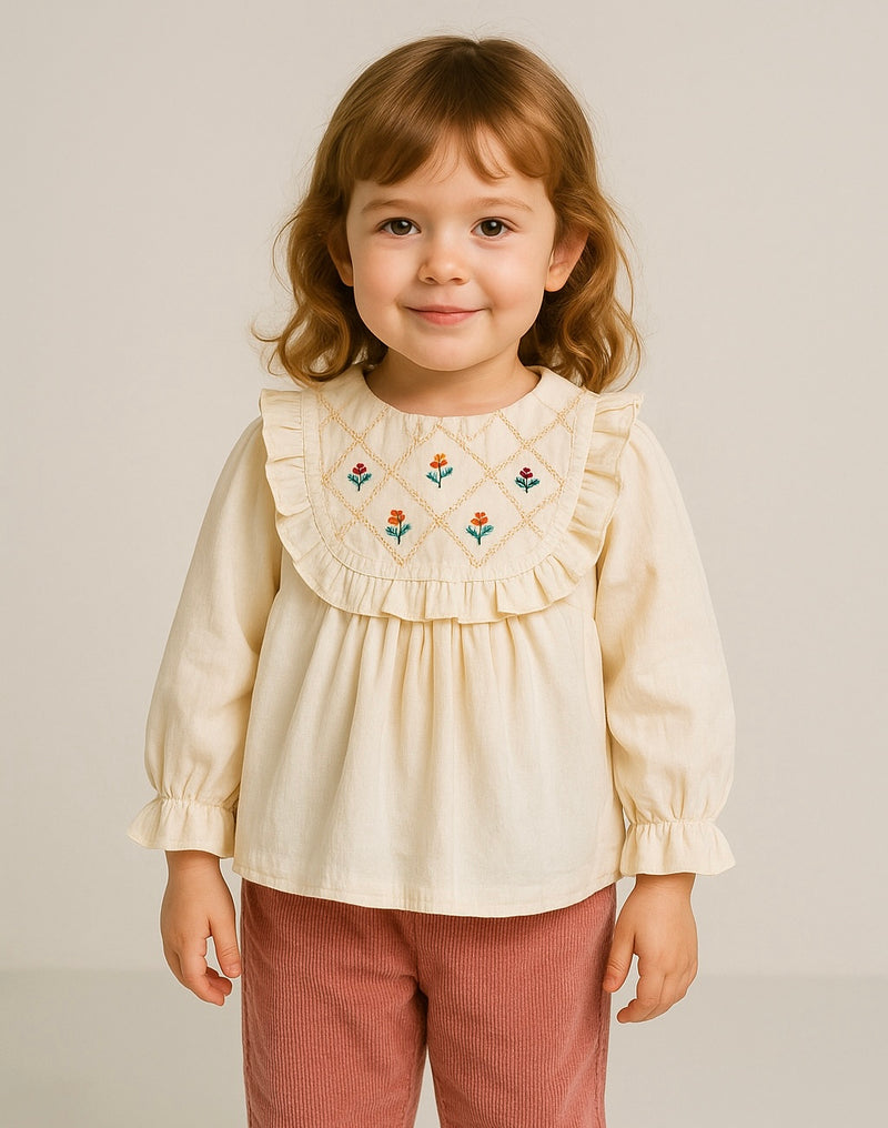 Chargez l&#39;image dans la visionneuse de la galerie, Chemise pour filles manches longues ivoire broderies – Kali - Boutique Kaki Lilas
