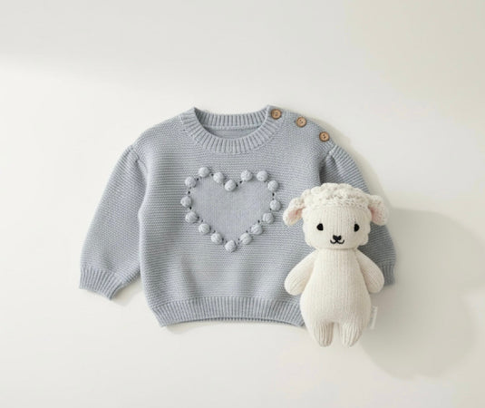 Pull bébé fille en coton doux avec cœur brodé – Kaki Lilas