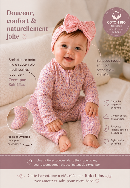 Barboteuse bébé fille en coton bio motif feuilles lavande – Kaki Lilas
